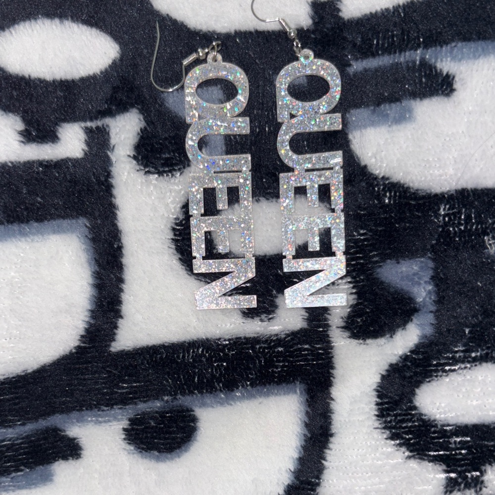 Silver Glitter 'QUEEN' Dangle Earrings